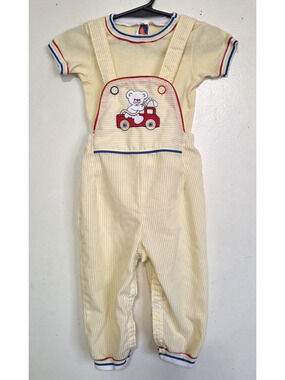 Vintage Carters Yellow Seersucker Baby Overalls Sz 18 Months Firetruck Bear 80s